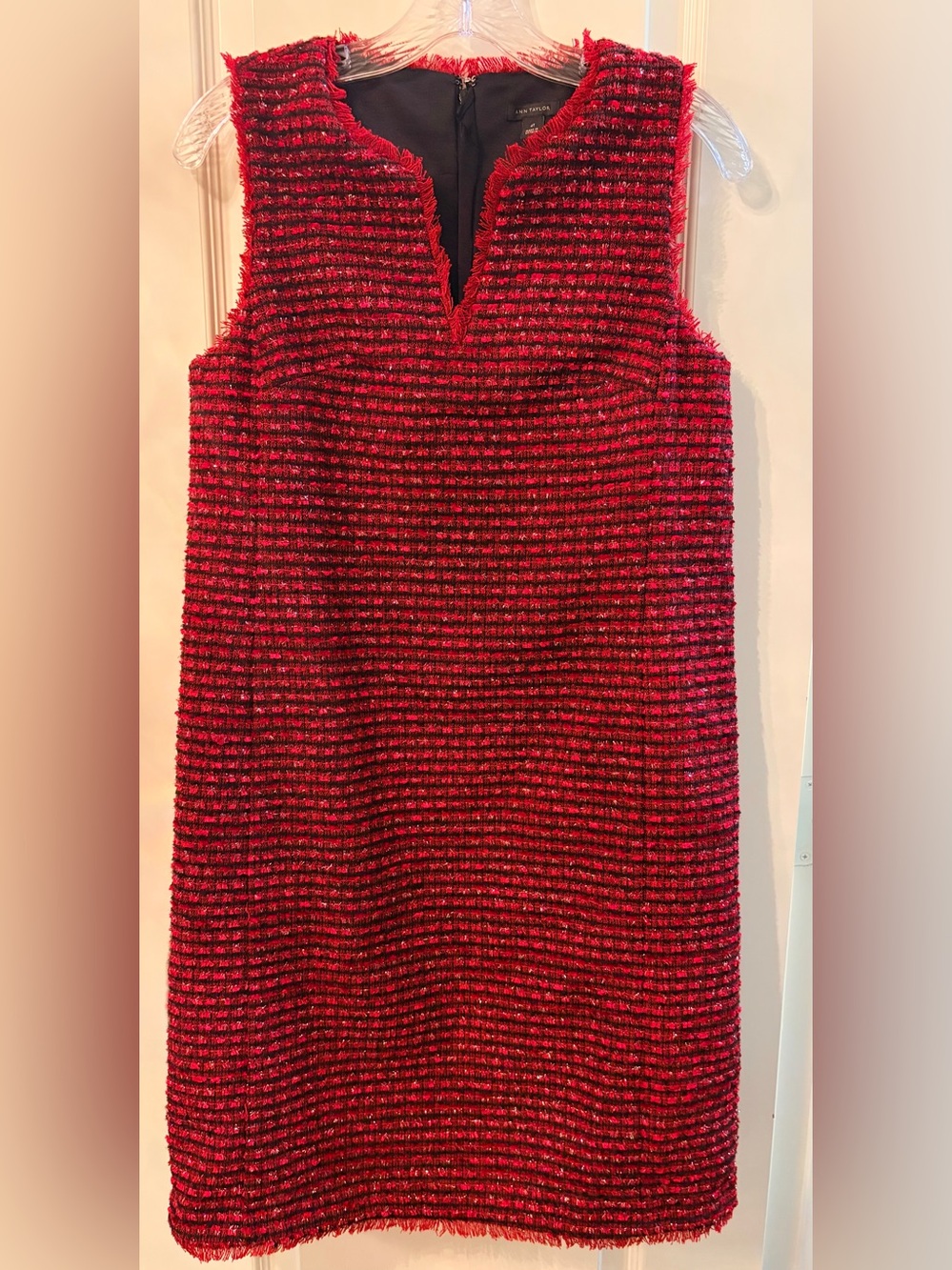 Ann Taylor Red and Black Tweed V-Notch Sleeveless Shift Dress
